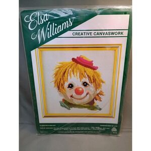 Vtg Elsa Williams Creative Canvaswork Clown w/‎ Red Hat 10x10 Cross Stitch Kit